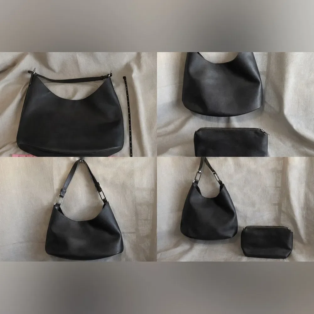 Set of Black Leather Boho Hobo Bag & Makeup Pouch Bundle | Minimalist Shoulder